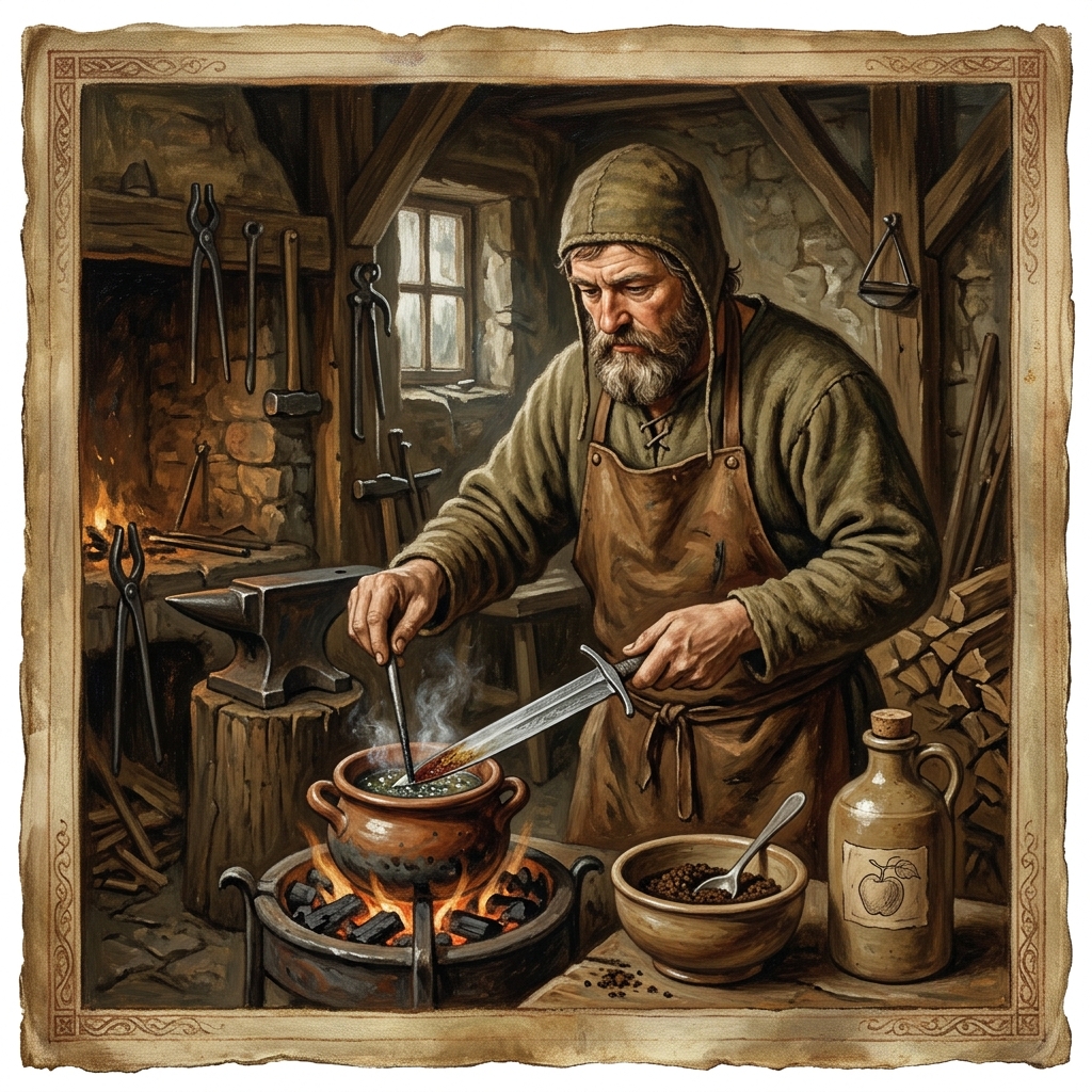 Historisk fremstilling af ætsningen af en klinge af damaskusstål med eddike og kaffe