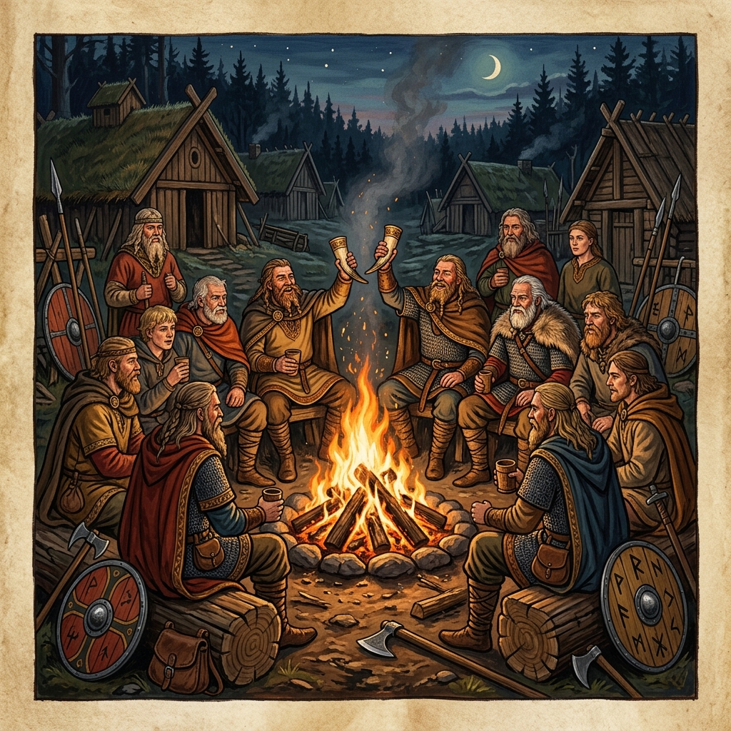 Vikinger sidder sammen ved lejrbålet – historisk skildring af, hvordan man tændte bål i vikingetiden