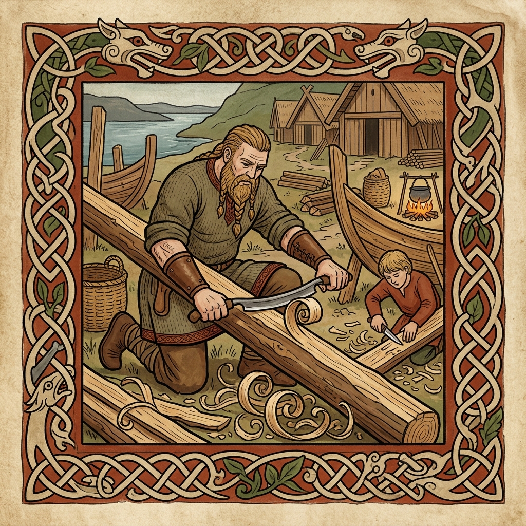 Vikinger skræller barken af træet til en runestav med en snitkniv