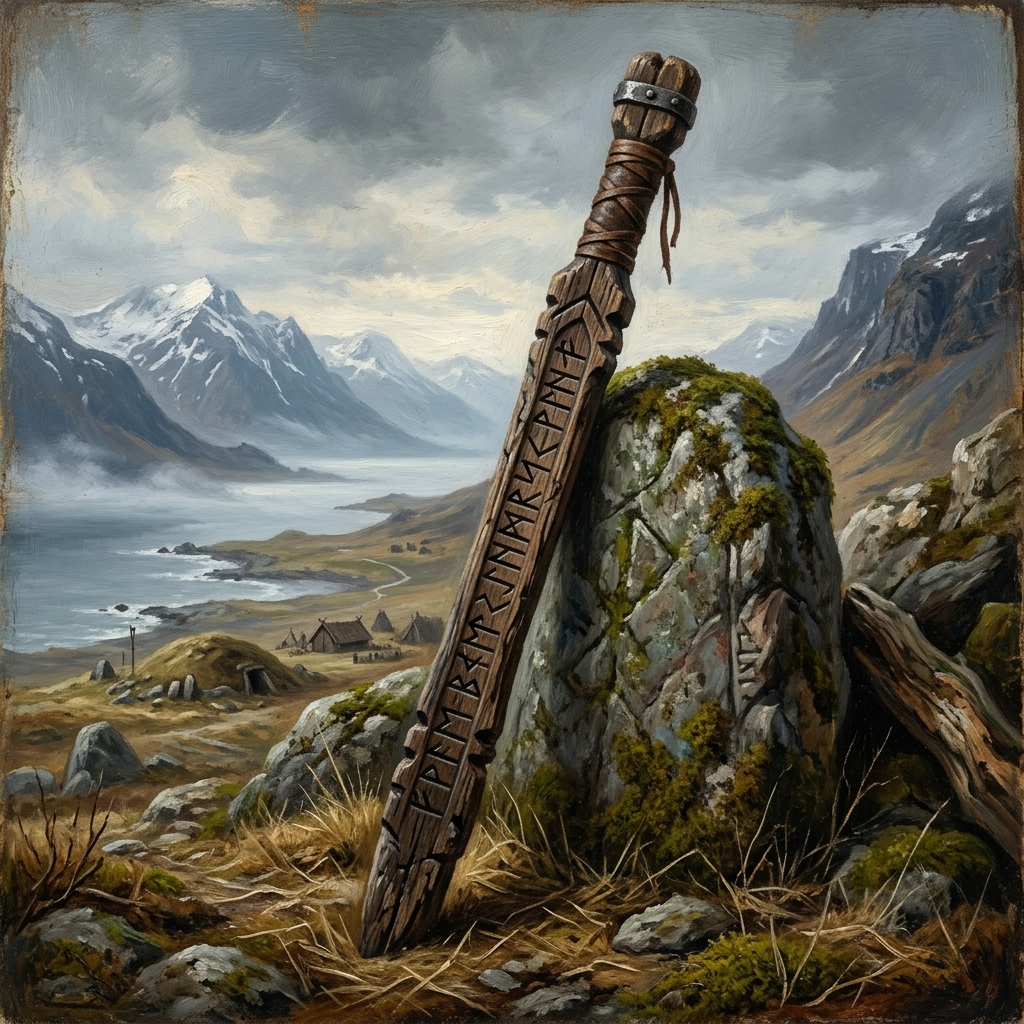 Vikingernes runestav af træ med indridsede runer fra det nordiske alfabet