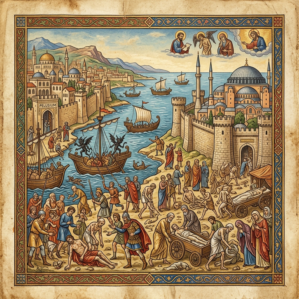 Middelalderlig afbildning af den justinianske pest i Det Byzantinske Rige omkring år 541 e.Kr.