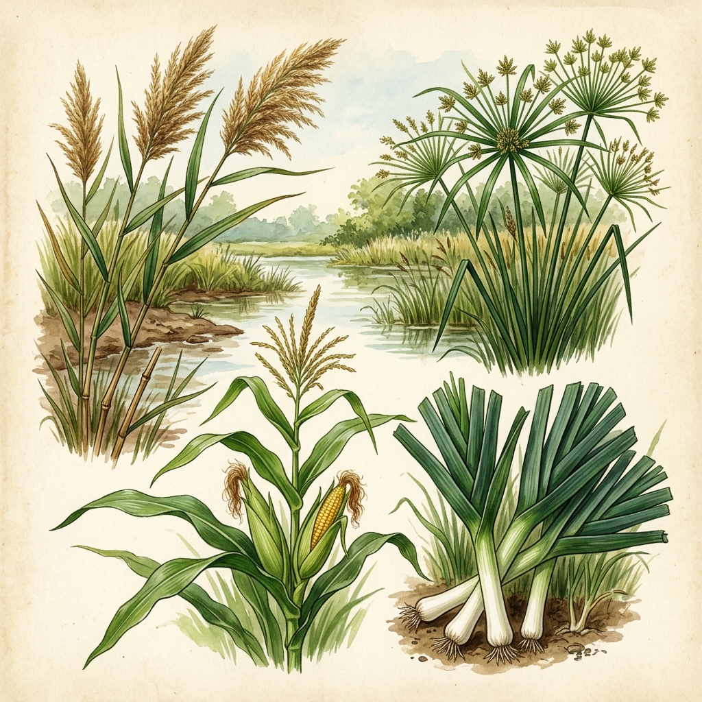 Planter som erstatning for papyrus: siv, cypergræs, majs- og porreblade i en illustration