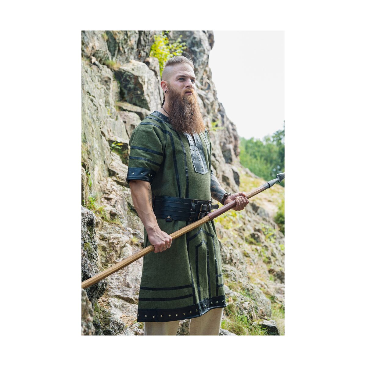 Viking kortærmet tunika med applikationer i ægte læder - Grøn XXL