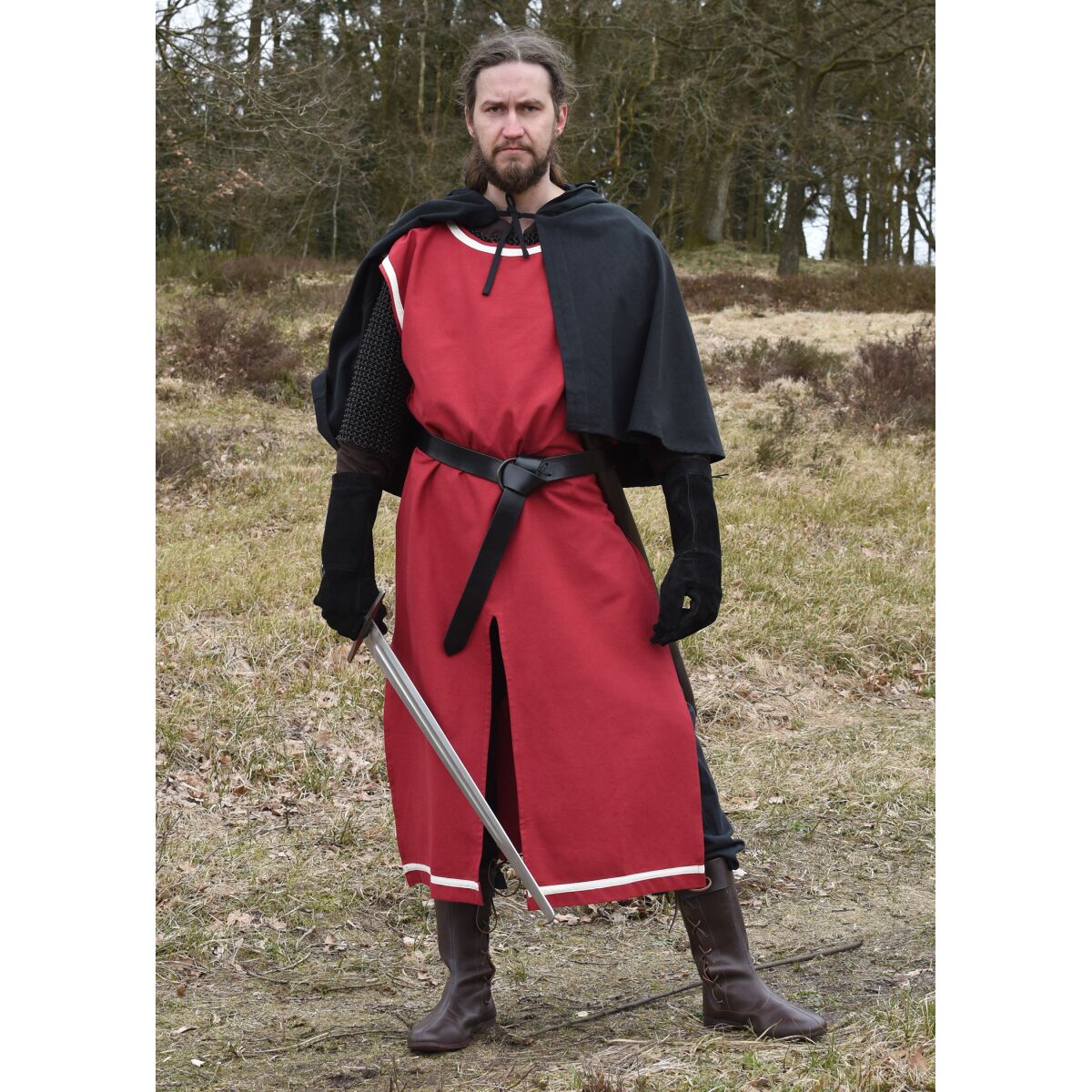 Middelalderlig tunika Eckhart, rød/natur, str. XL/XXL