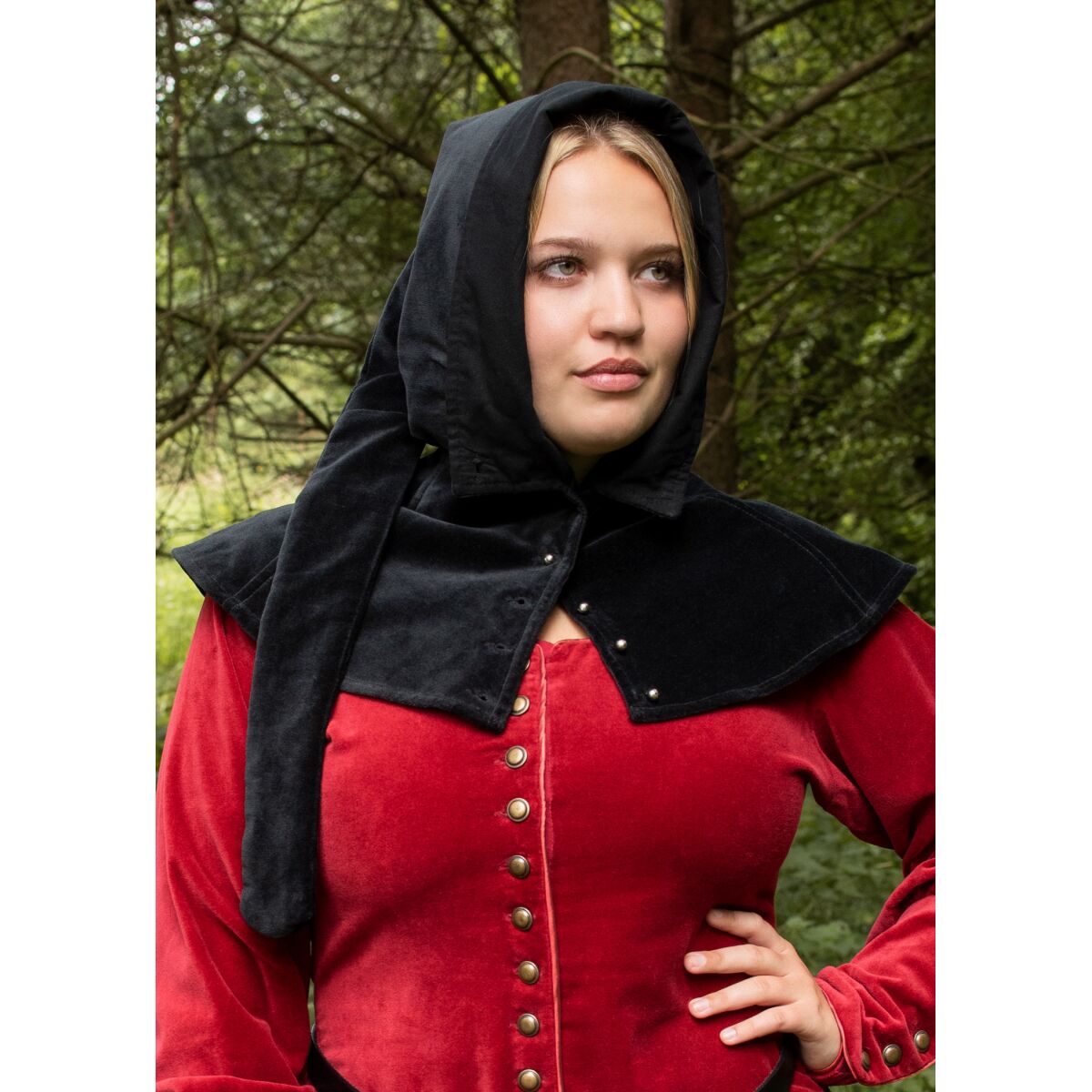 Middelalderlig gugel Mirella, fløjl, sort