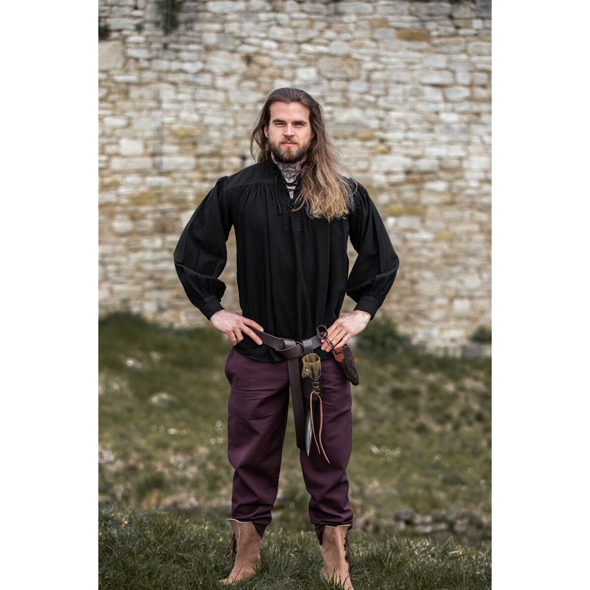 Middelalderlig snøreskjorte sort "Friedrich" XL
