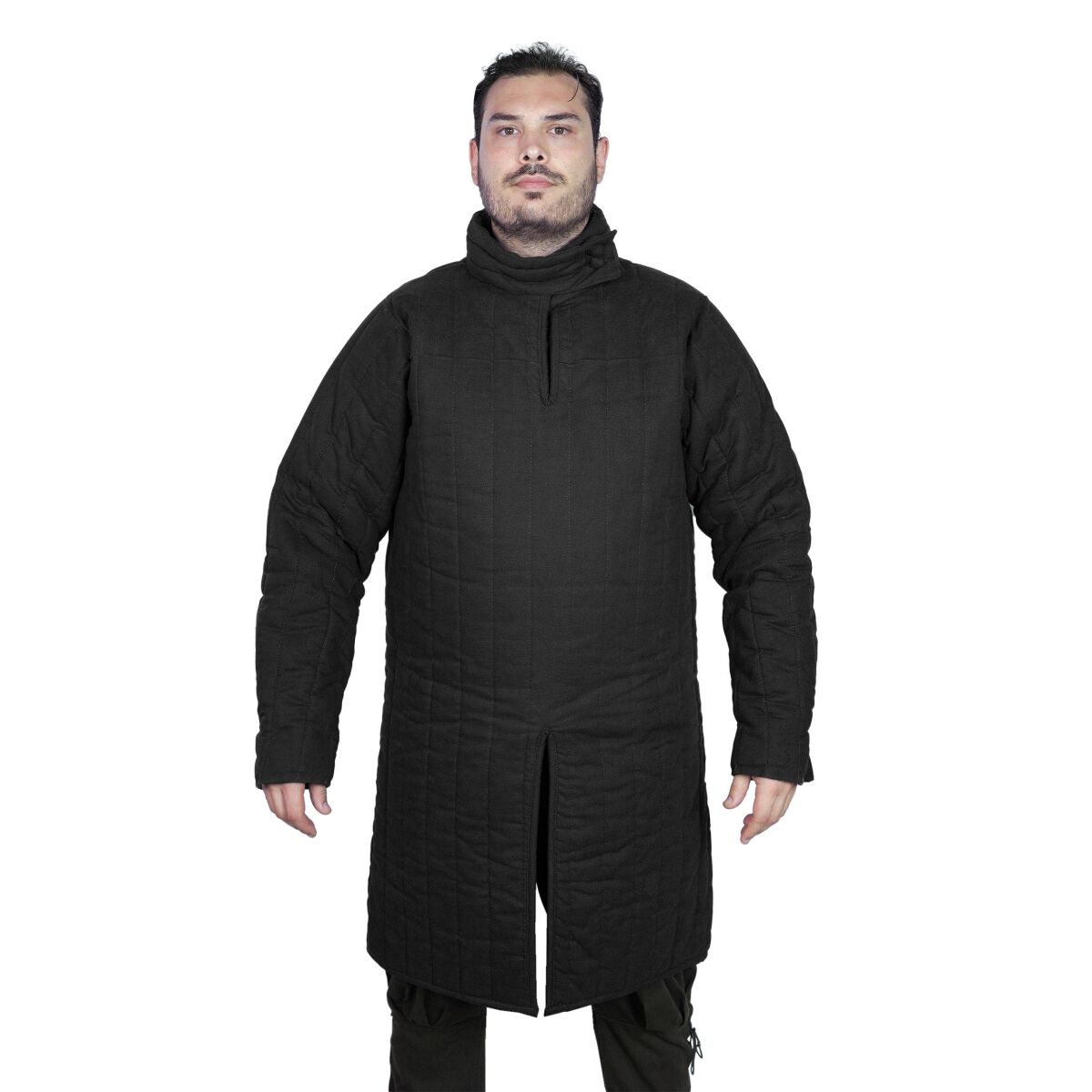 Middelalderlig polstret gambeson fra det 13. århundrede (type 8) med krave med knapper, sort, M