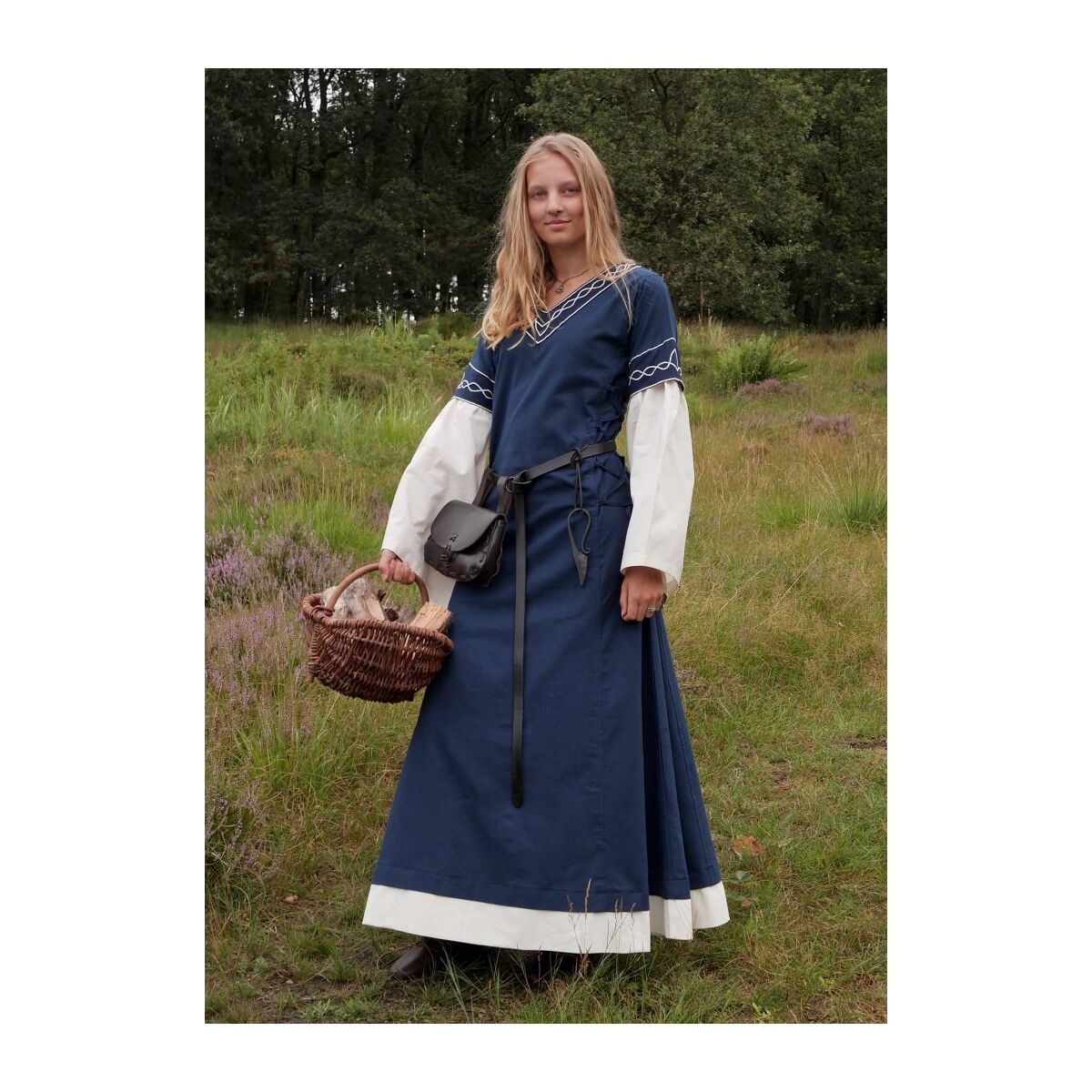 Høj middelalderkjole Alvina med trompetærmer blå/natur størrelse S